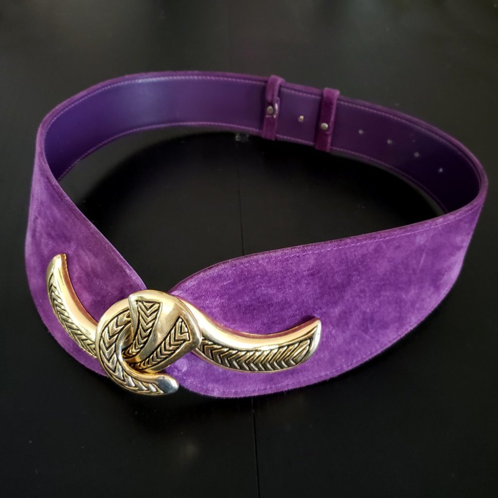 Purple Suede Leather Belt with Brass Hook Buckle